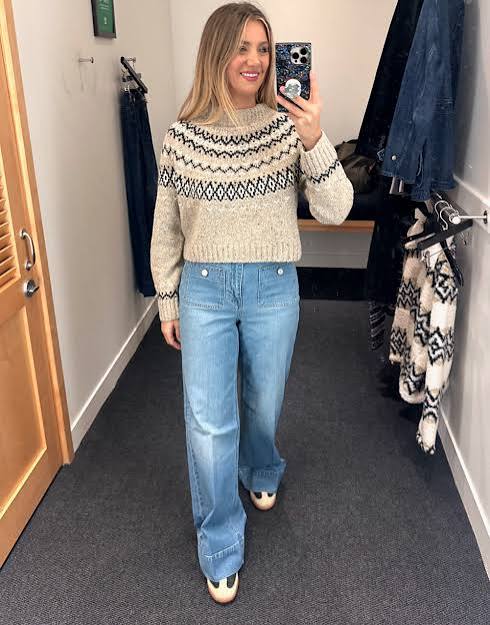 Cream Fair Isle Sweater with Wide-Leg Jeans — Fair Isle Sweater Outfits