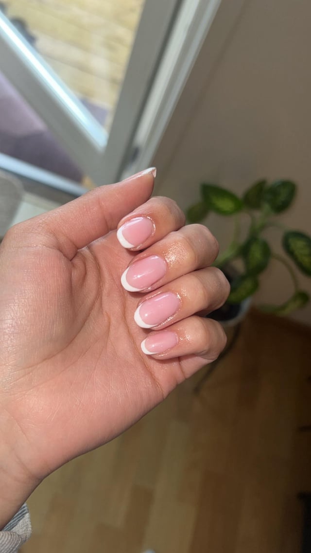 Sheer Pink Opaque French Tips Almond Nails — Short Winter Almond Nails