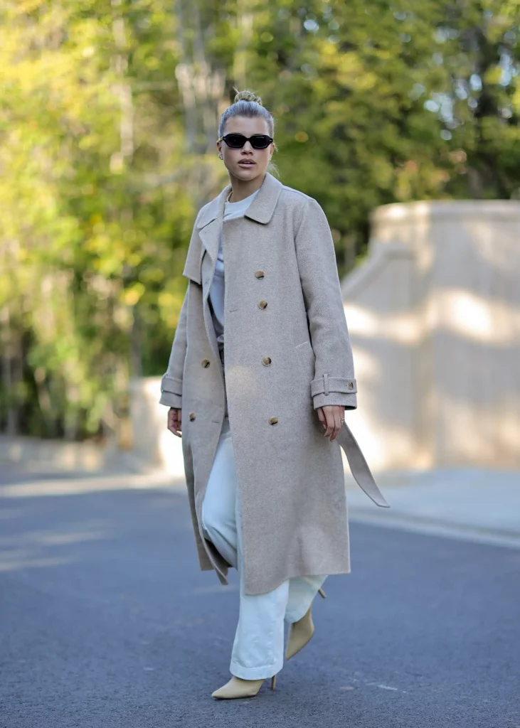 Long Beige Double-Breasted Coat with Light Blue Trousers — Old Money Winter Outfits