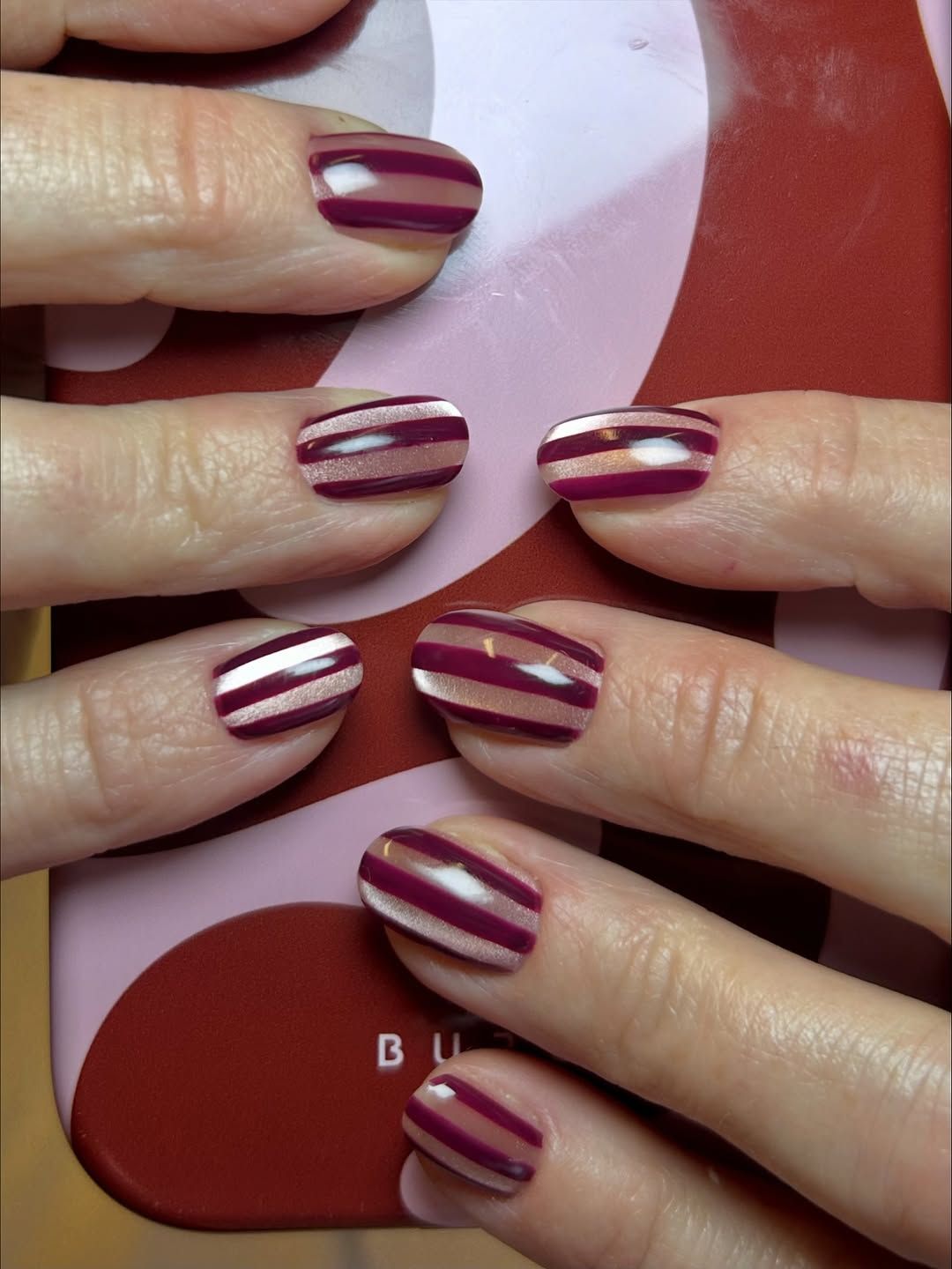 Burgundy, Rose Gold & Nude Stripes — Short Winter Gel Nails