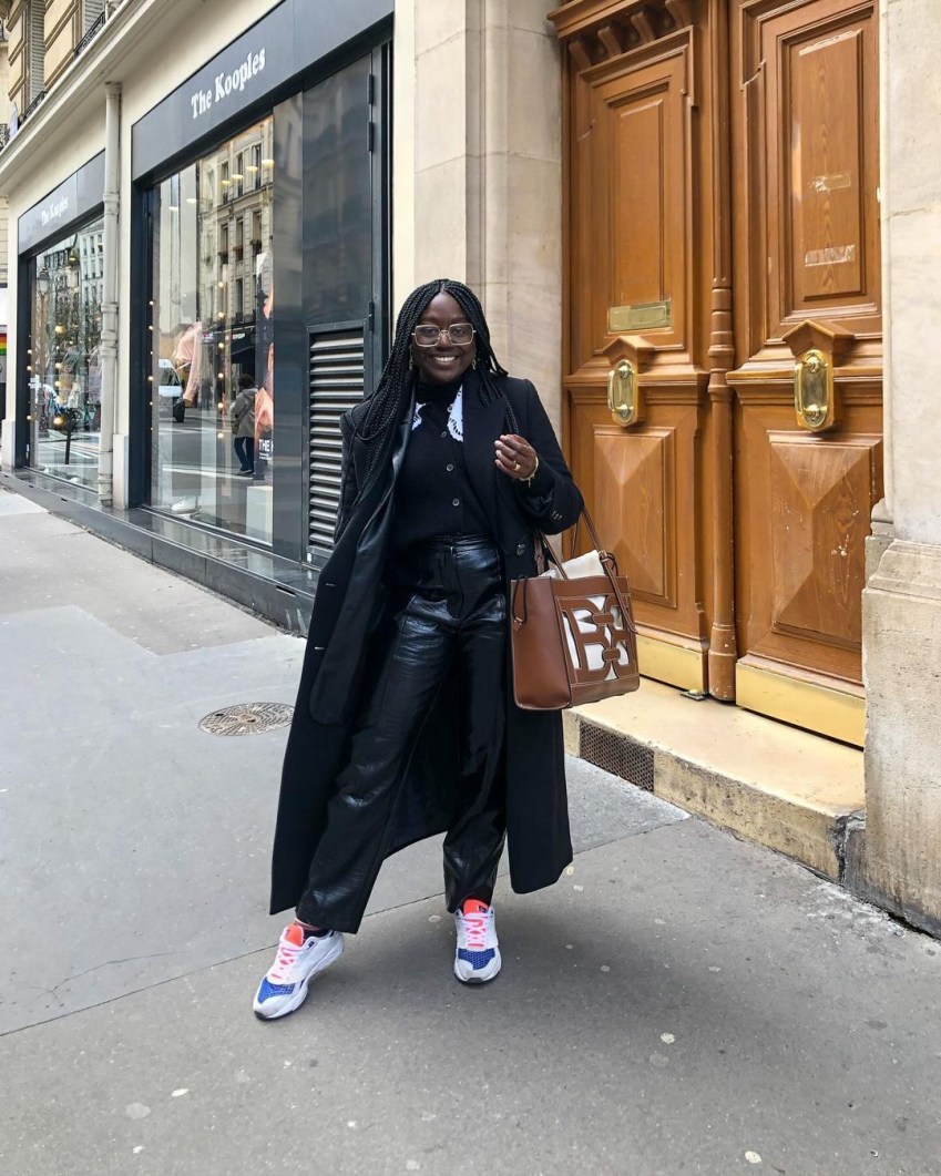City Chic: Long Coat with Leather Pants and Sneakers — Late Winter Outfits