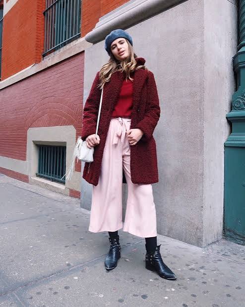 Burgundy Textured Coat with Blush Pink Culottes and Beret — NYC Winter Outfits