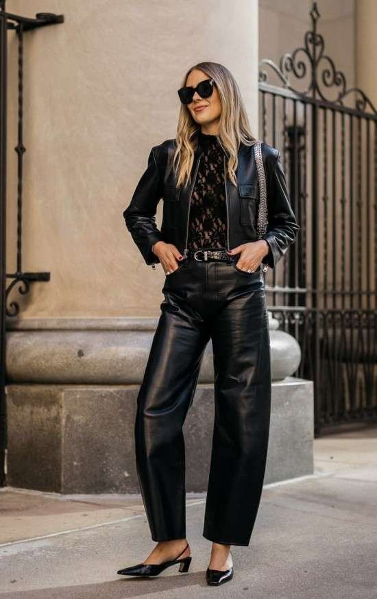 Chic Black Leather Outfit with Lace Top, Jacket, and Slingbacks — Leather Pants Outfits