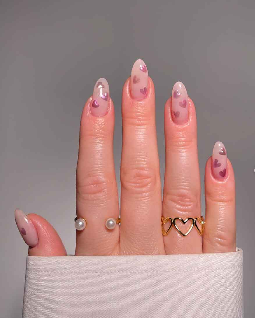 Sheer Pink Nails with Scattered Heart Decals — Winter Pink Nails