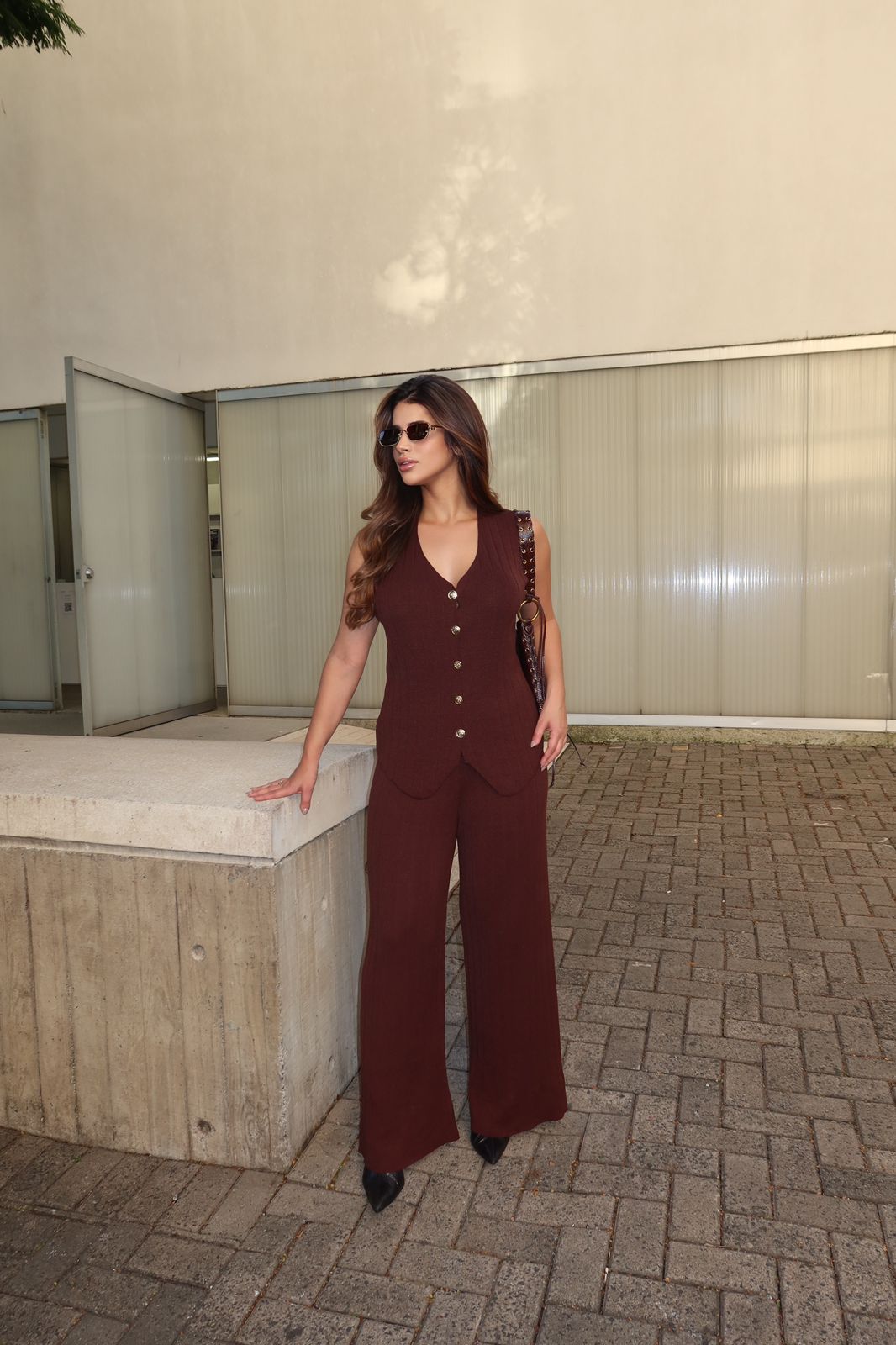 Deep Brown Textured Knit Vest and Pants Deep Brown Textured Knit Vest and Pants — Knit Set Outfits