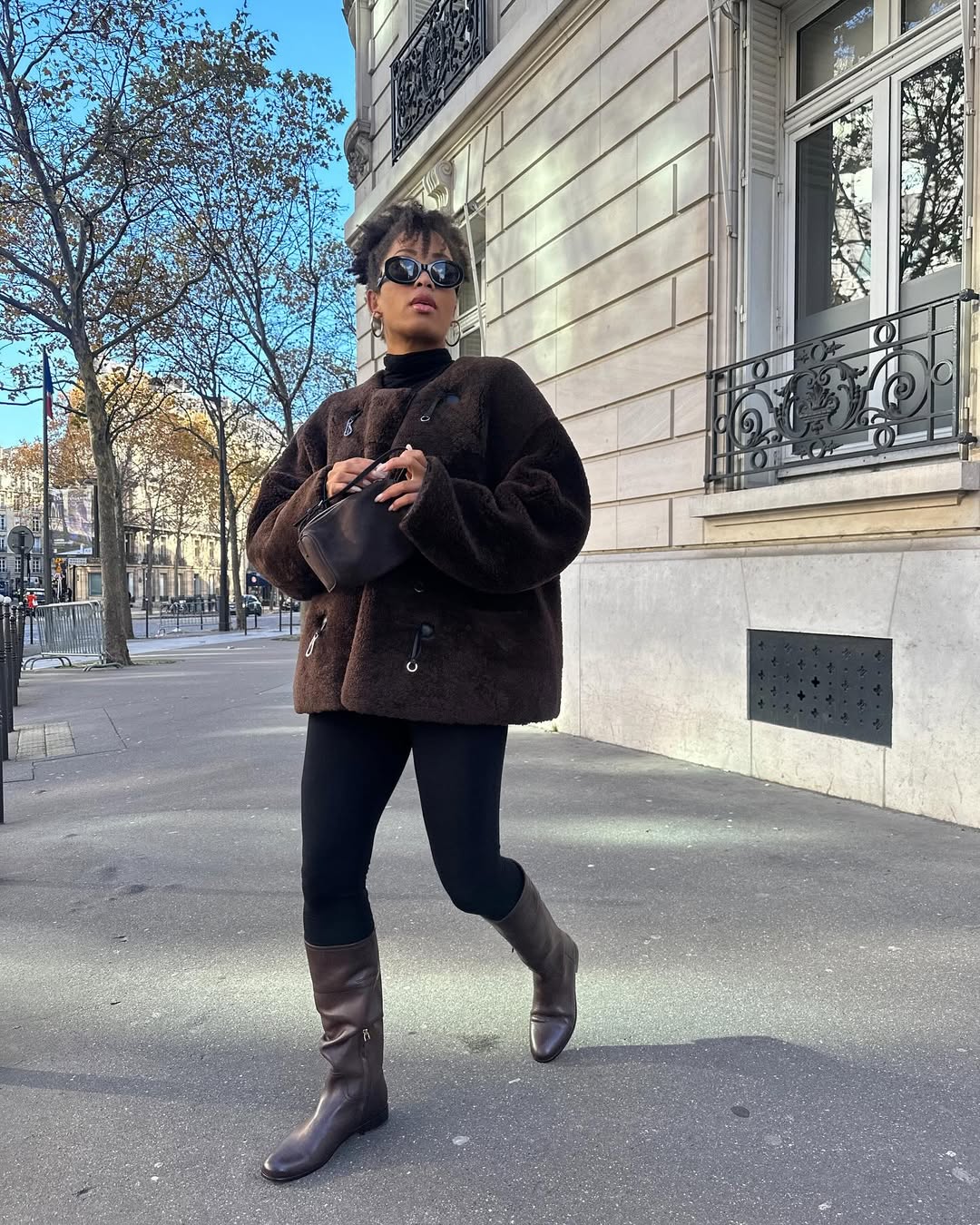 Brown Faux Fur Jacket with Black Leggings — Winter Outfits with Leggings