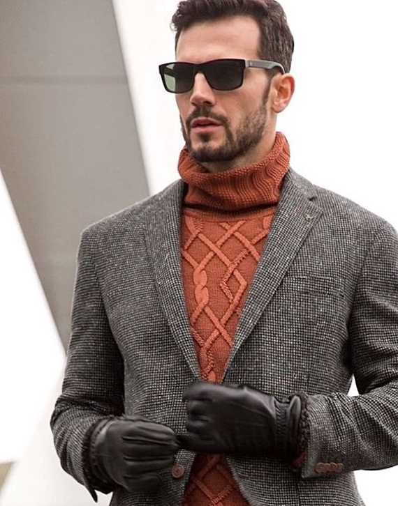Tweed Blazer over Burnt Orange Turtleneck — Winter Outfits for Men