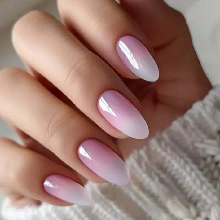 Glossy Pink White Ombre Almond Nails — Winter Pink Nails
