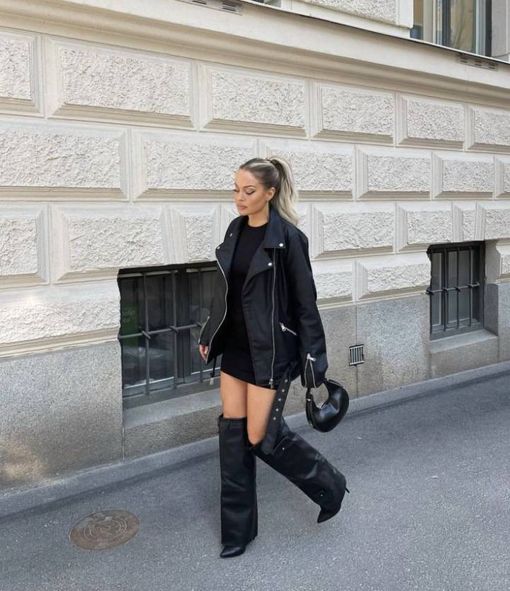 Leather Moto Jacket and Mini Dress with Slouchy Boots Leather Moto Jacket and Mini Dress with Slouchy Boots — Winter Boots Outfits