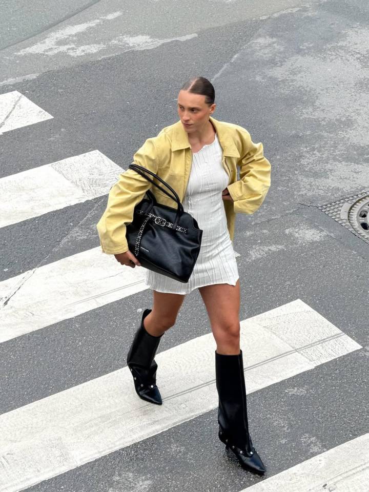 Street Style Statement with Studded Boots and Yellow Jacket — Knee High Boots Outfits