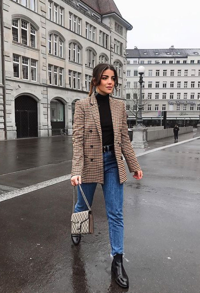 Black Ankle Boots Straight-Leg Jeans with a Plaid Blazer for a Smart Winter Ensemble — Winter Outfits with Jeans