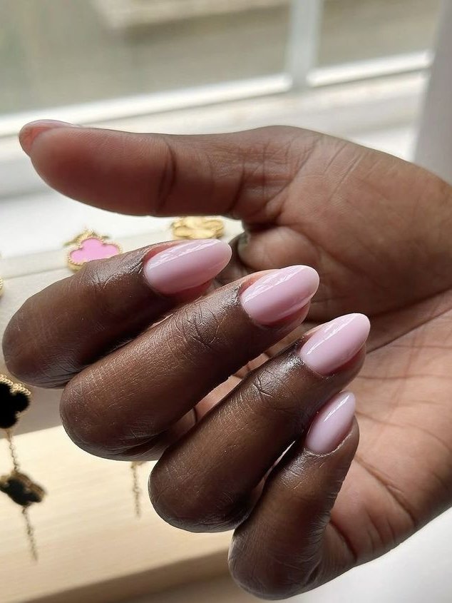 Pale Pink Glossy Almond Nails — Short Winter Almond Nails