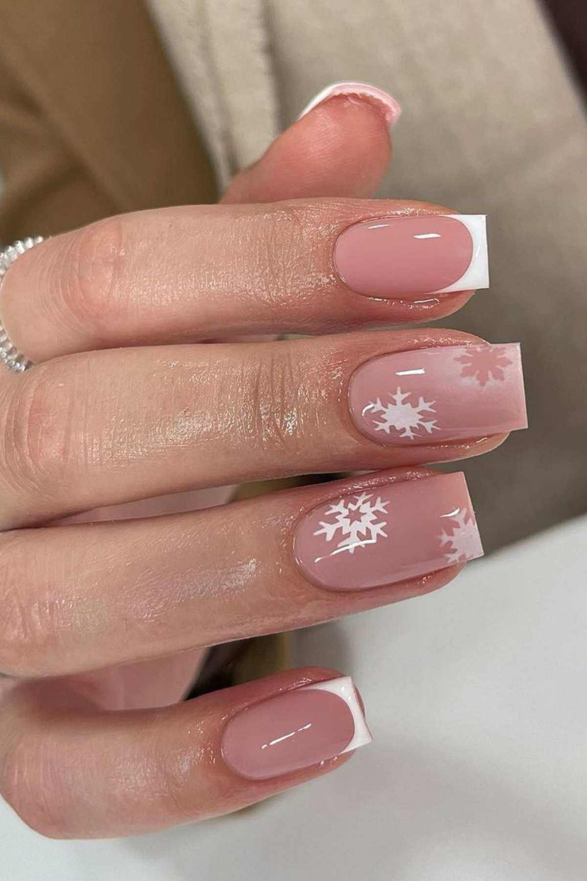 Nude Pink French Snowflake Medium Squovals — Winter Squoval Nails