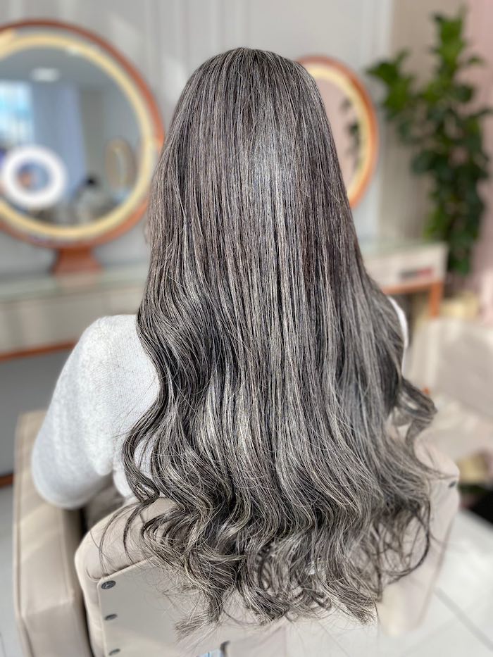 Blended Gray With Ash Blonde Highlights Blended Gray With Ash Blonde Highlights — Winter Hair Colors for Gray Hair