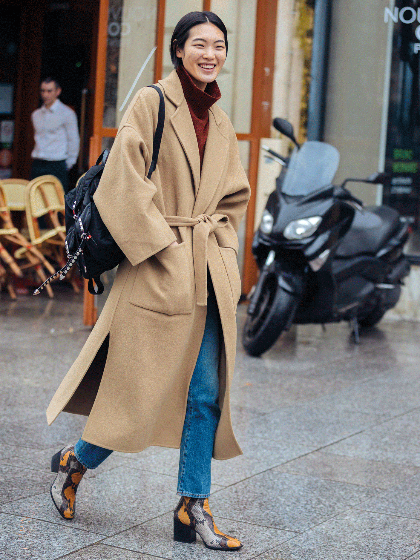 Daytime Casual: Flowing Camel Coat with Burgundy Turtleneck — Camel Coat Outfits