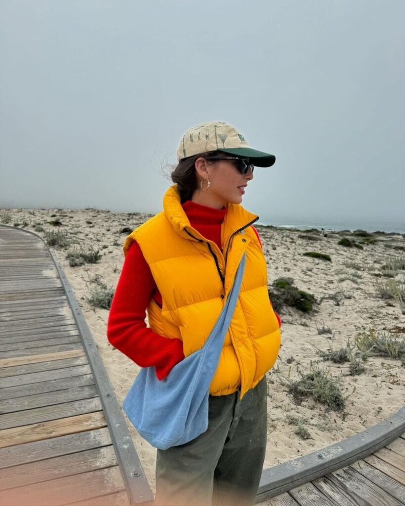 Vibrant Yellow Puffer Vest Over Turtleneck — Puffer Vest Outfits