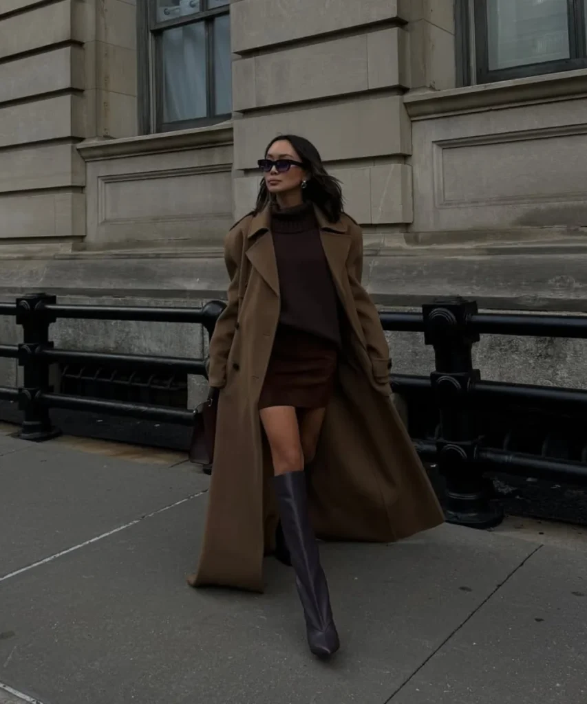 Monochromatic Brown Turtleneck with Trench Coat and Mini Skirt — Turtleneck Outfits