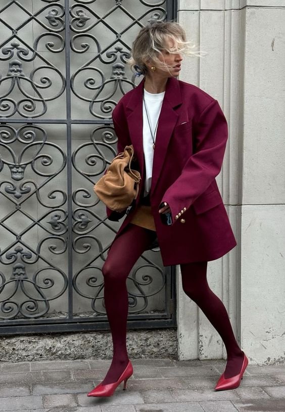 Burgundy Opaque Tights with Mustard Skirt and Matching Blazer Burgundy Opaque Tights with Mustard Skirt and Matching Blazer — Tights Outfits