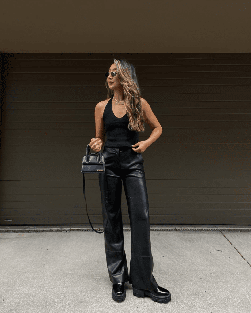 Streetwear Style with Black Wide-Leg Leather Pants and Platform Boots — Leather Pants Outfits
