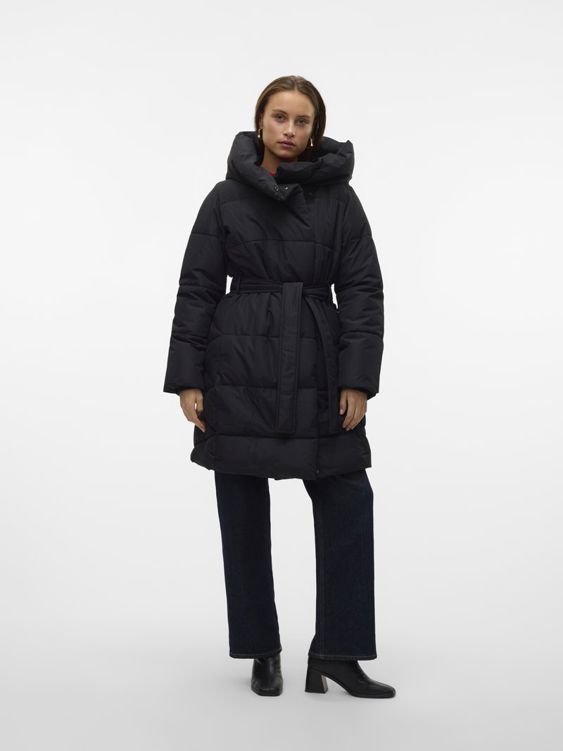 Black Belted Puffer Coat Dark Trousers Outfit Idea — All Black Winter Outfits