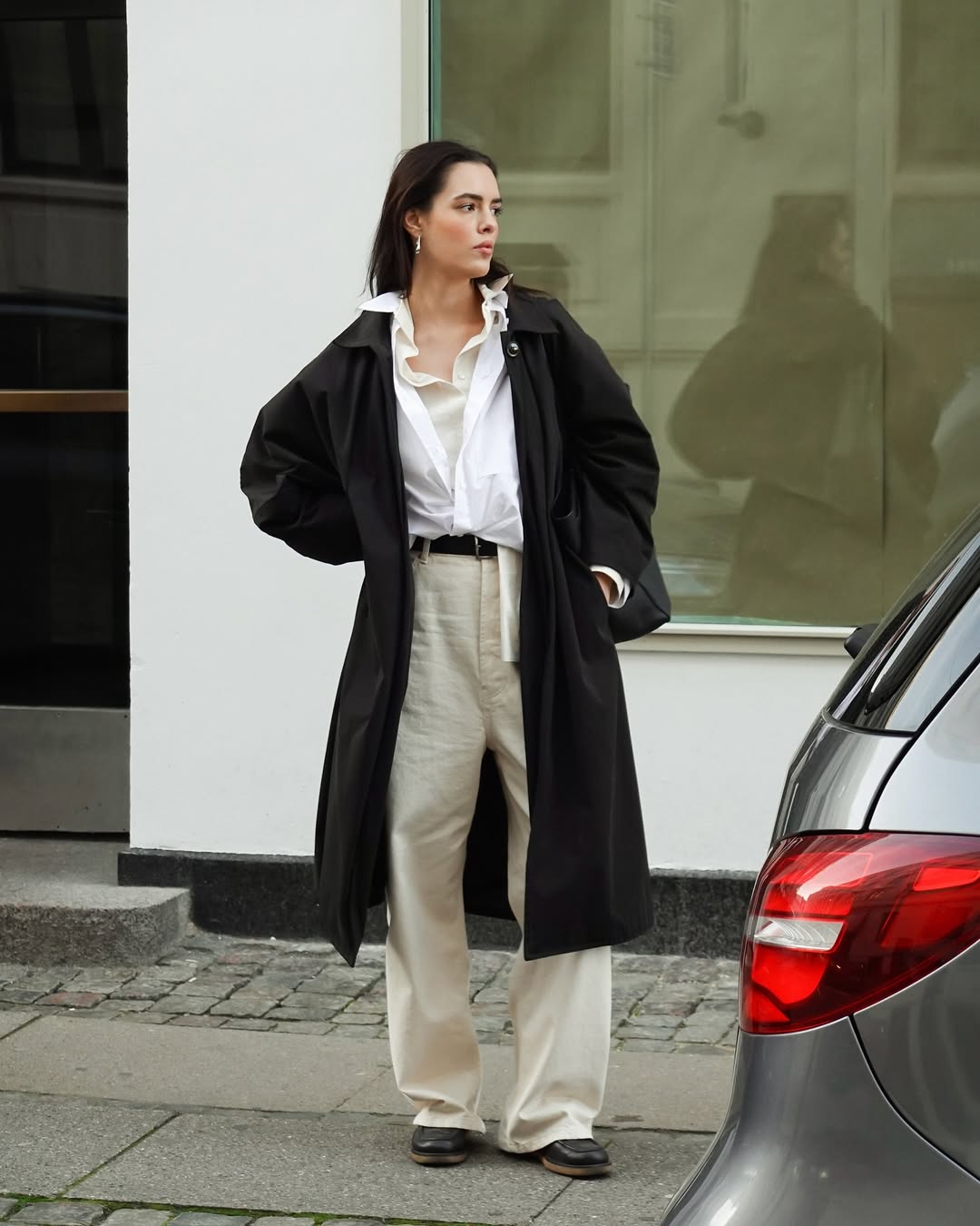 Scalloped Cream Coat over White Turtleneck Scalloped Cream Coat over White Turtleneck — Winter Layering Outfits