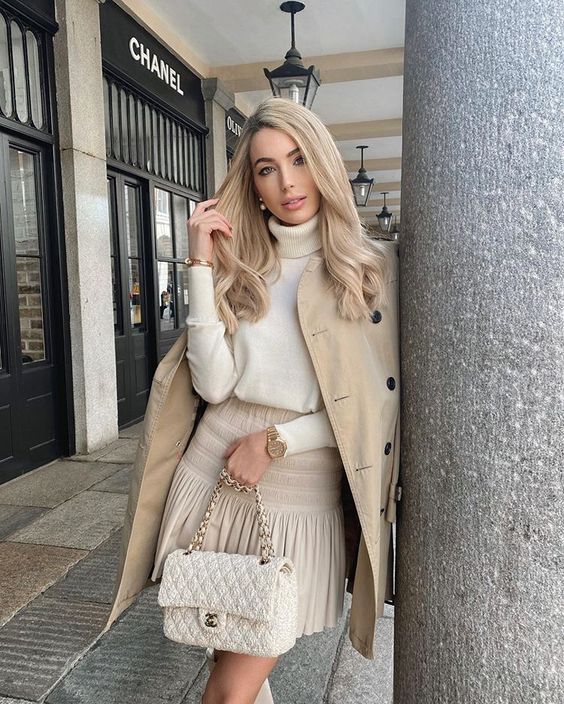 Cream Turtleneck and Pleated Skirt with a Chic Trench Coat — Old Money Winter Outfits