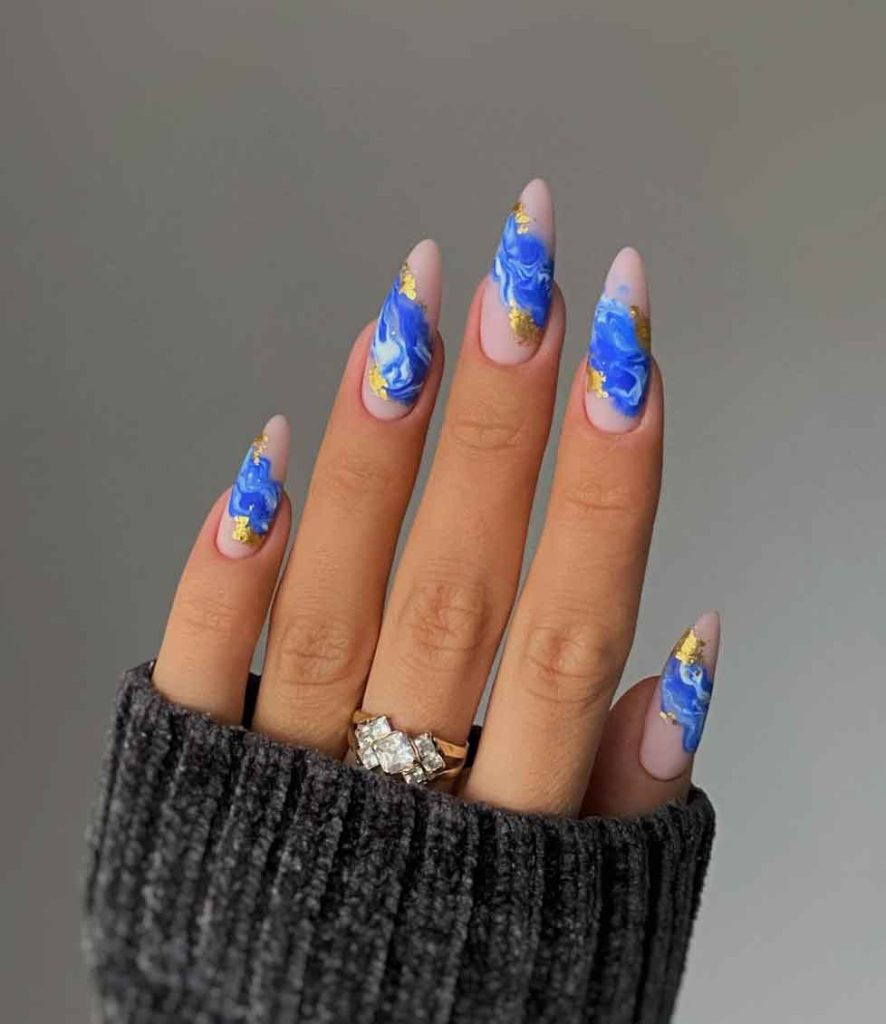 Marble Blue With Gold Foil Stilettos — Winter Blue Nails