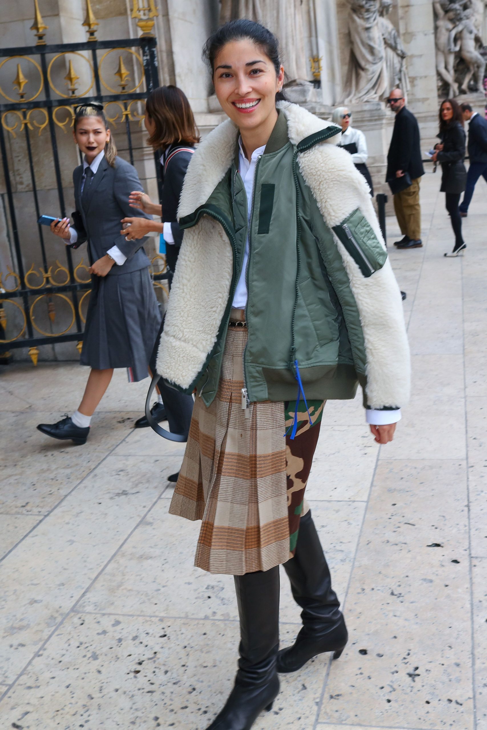 Streetwear Edge with Bomber Jacket and Plaid Skirt — Knee High Boots Outfits