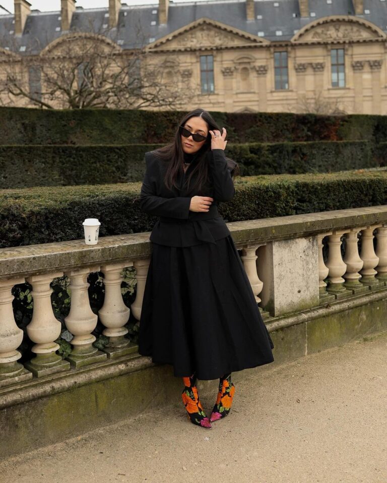 Monochromatic Black with Bold Floral Boots for a Statement — Winter Work Outfits