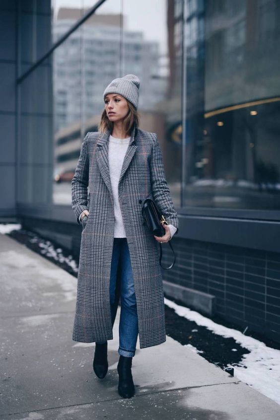 Grey Plaid Long Coat for Casual Comfort — Long Coat Outfits