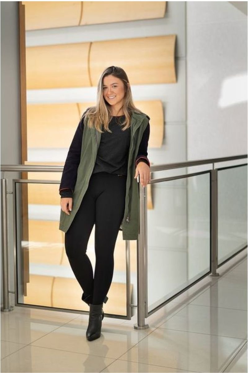 Olive Green Vest Layered Over Black Leggings — Winter Outfits with Leggings