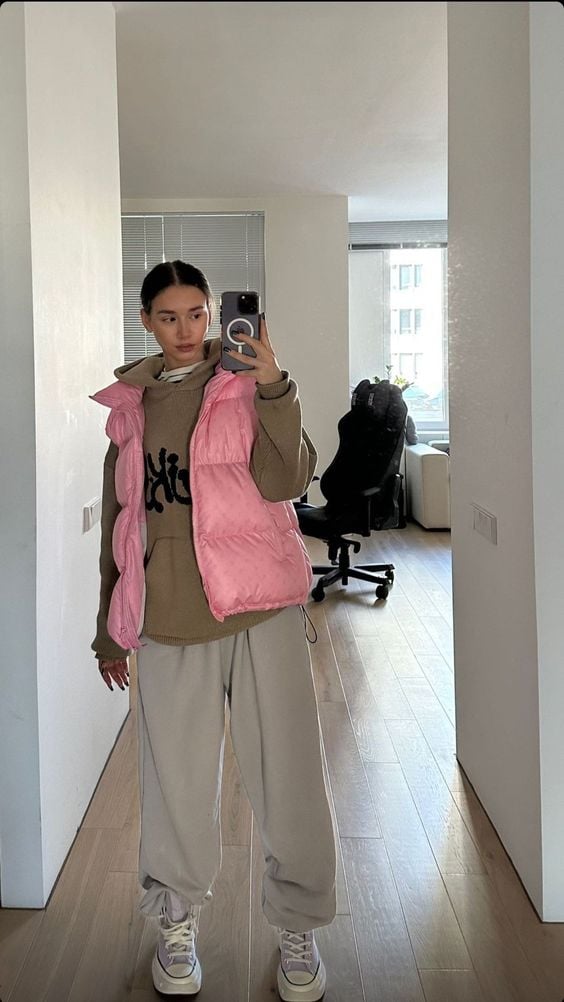 Bright Pink Puffer Vest with Hoodie and Sweatpants — Puffer Vest Outfits