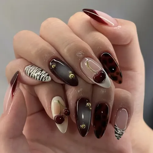 Smoky Dark Brown Gradient with Gold Studs — Black Cherry Nails