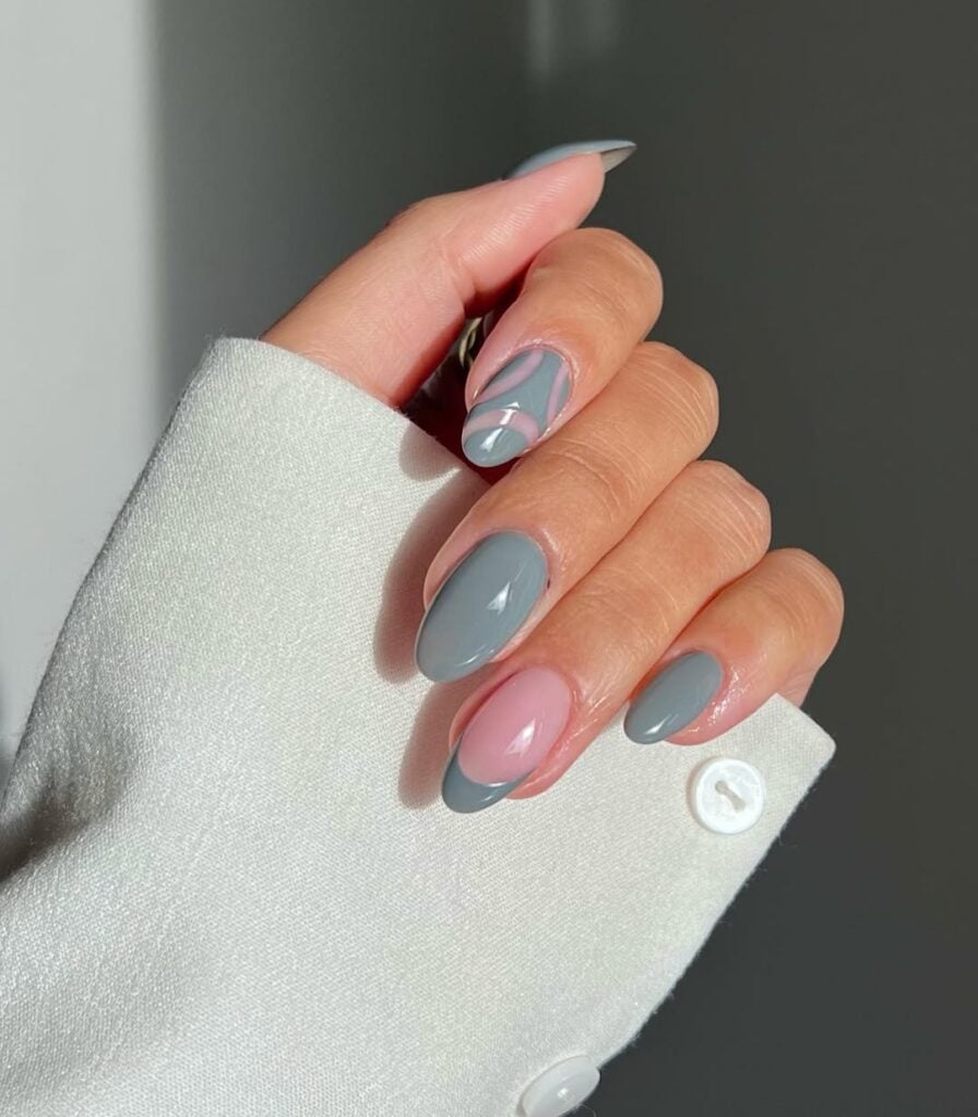 Abstract Gray Line French Almond — Winter Gray Nails