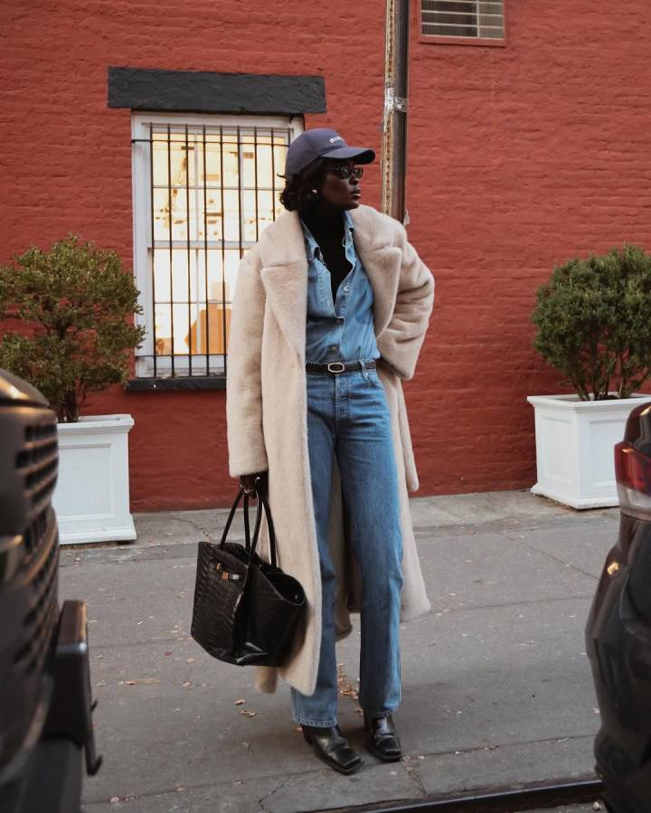 Straight-Leg Jeans with a Long Faux Fur Coat for Warmth — Winter Outfits with Jeans