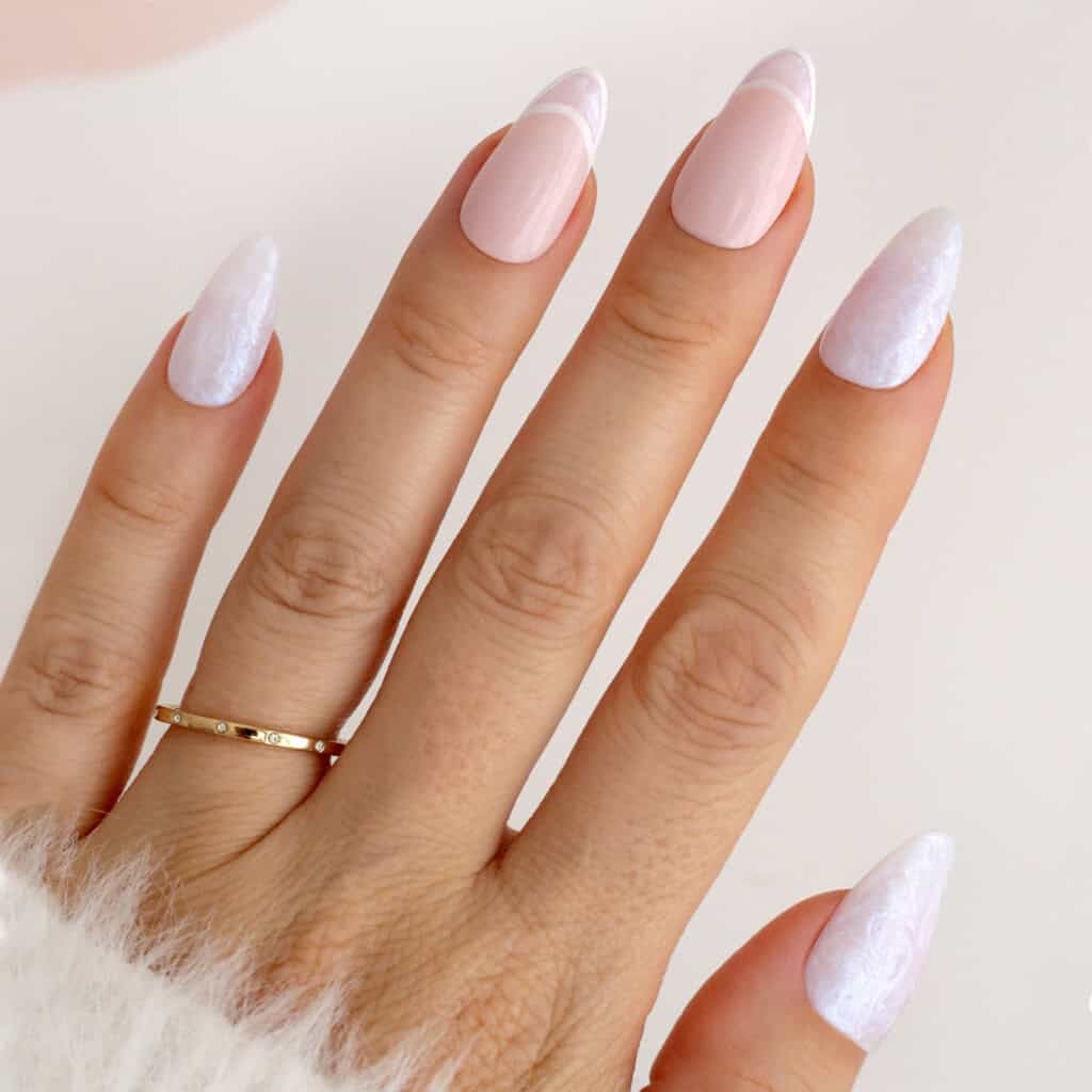 Milky Shimmer French Almond Nails — Long Winter Nails