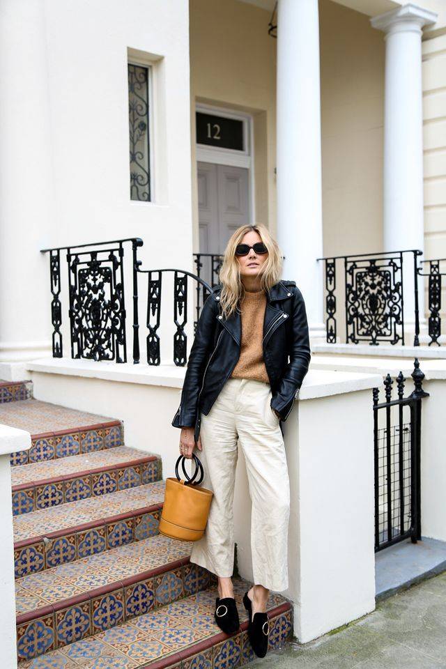 Cool Black Biker Jacket with Cream Trousers — Cold Weather Outfits