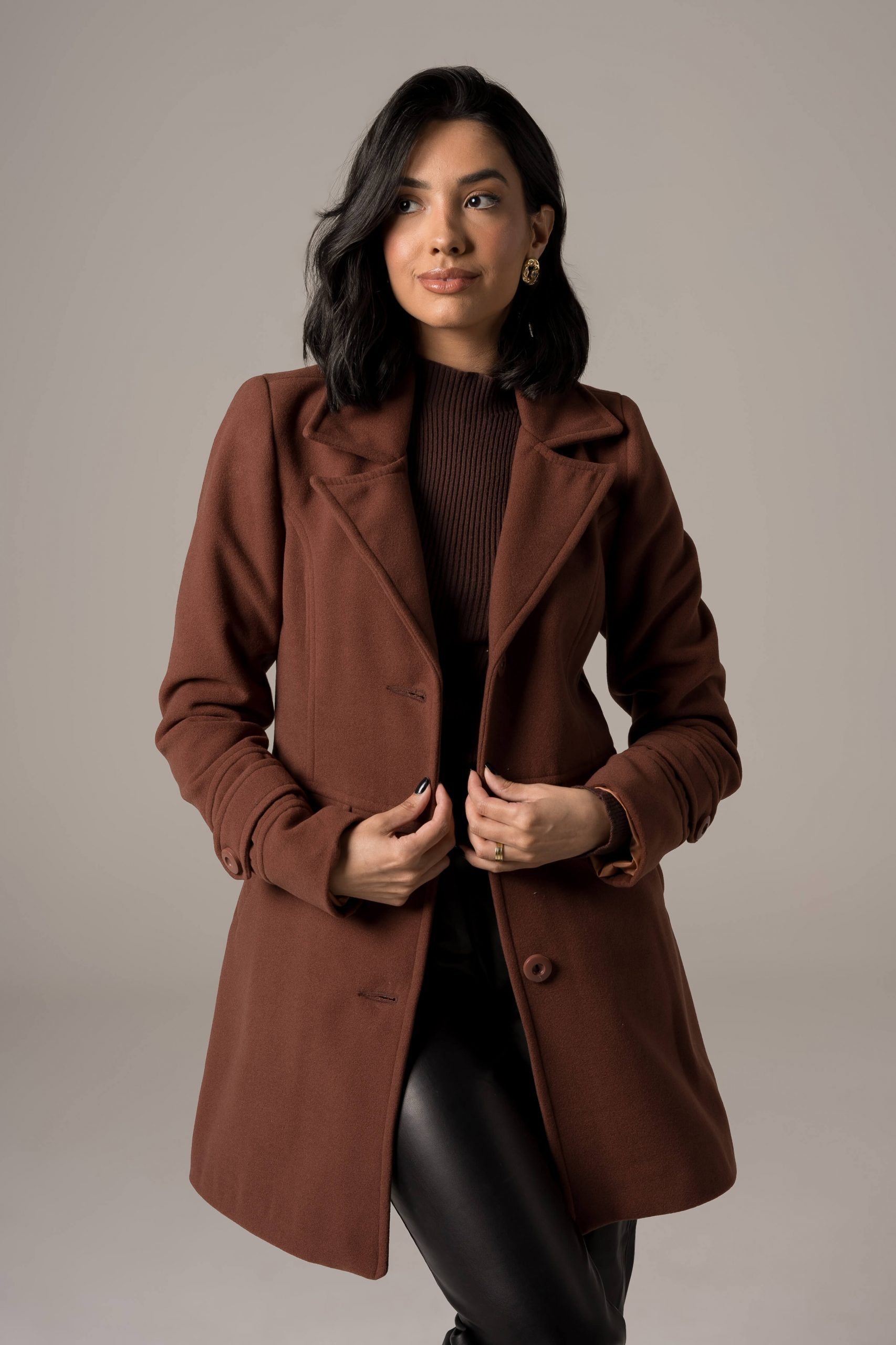 Longline Brown Peacoat with Leather Pants — Peacoat Outfits