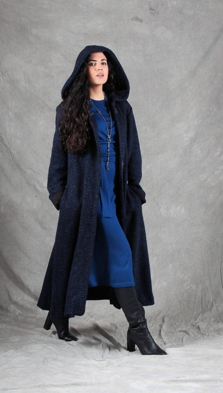 Navy Blue Hooded Coat Over a Jersey Dress — Long Coat Outfits