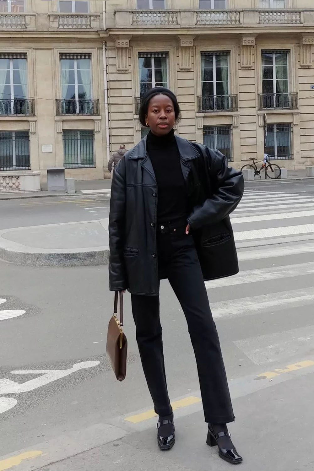 Black Patent Block Heel Shoes Outfit Idea — All Black Winter Outfits