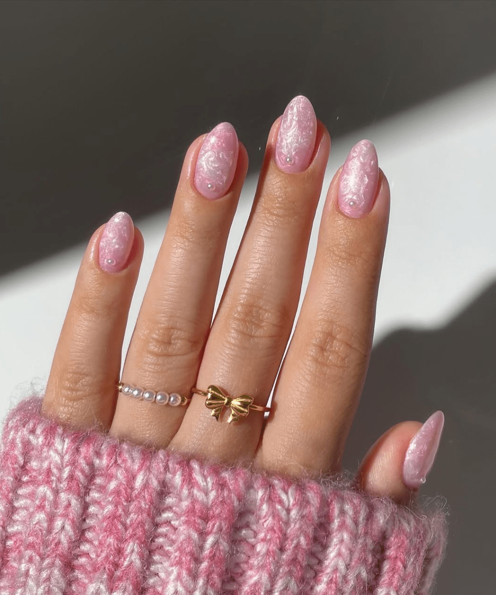 Shimmer Pink Nails with Pearl Accents — Winter Pink Nails