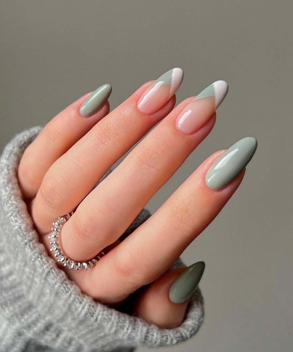 Sage Green with Geometric Tips — Winter Gel Nail Colors