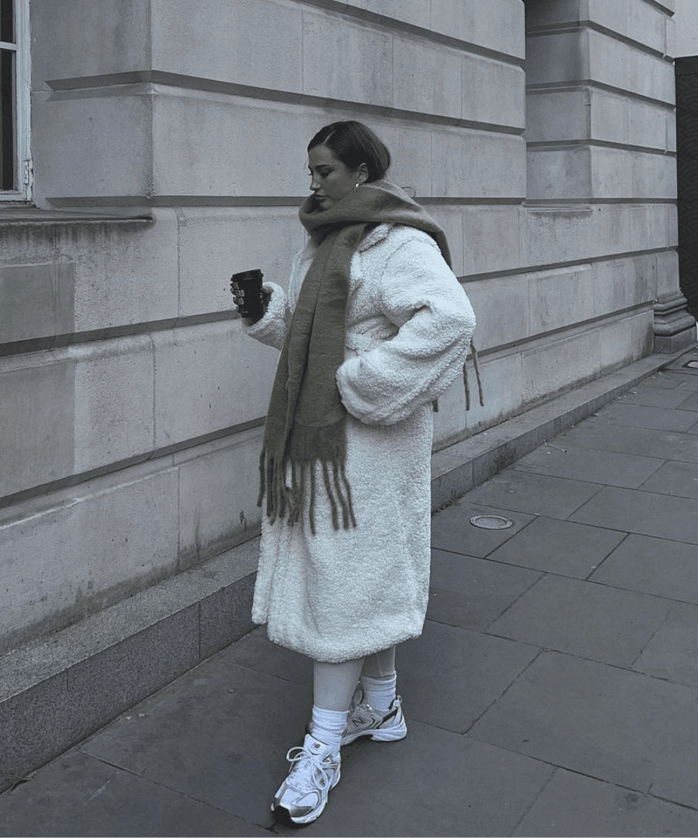 Sherpa Coat and Leggings with Athletic Sneakers — Winter Outfits with Sneakers