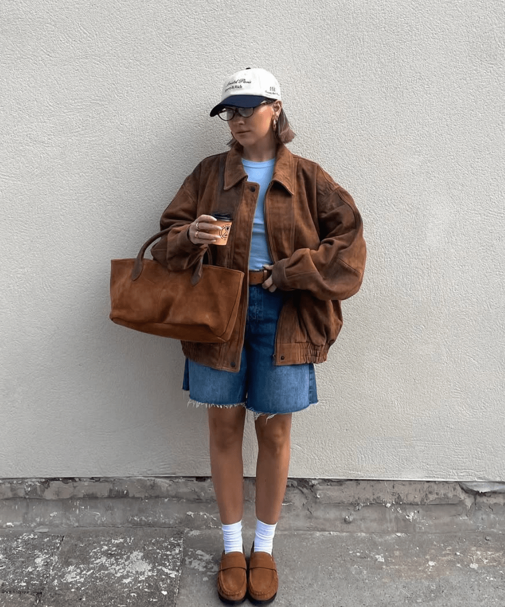 Casual Weekend: Oversized Suede Bomber with Denim Shorts — Brown Coat Outfits