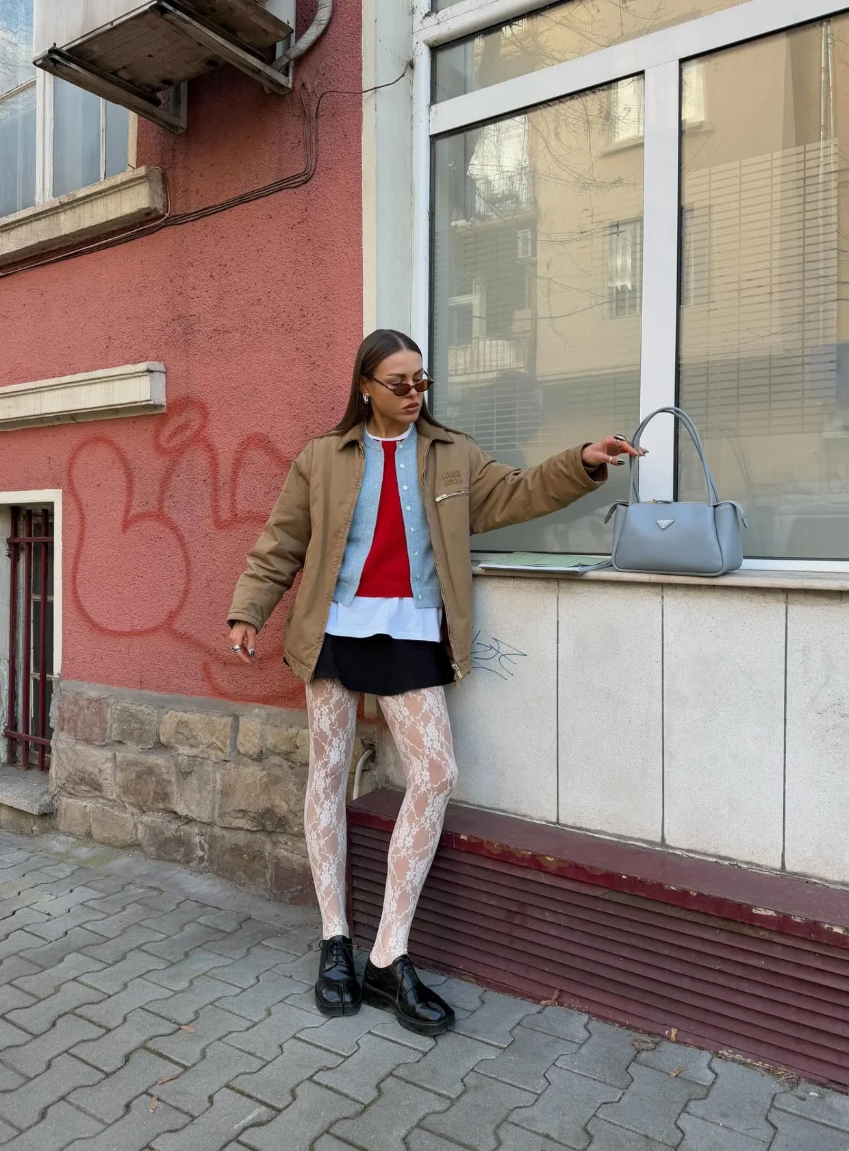 White Lace Tights with a Layered Outfit and Black Loafers — Tights Outfits