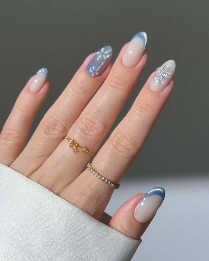 Nude French with Blue Gradient and 3D Florals Nude French with Blue Gradient and 3D Florals — Winter Acrylic Nails