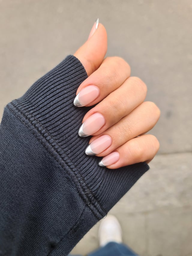 Sheer Pink Base with Silver Chrome Tips — Silver Chrome Nails