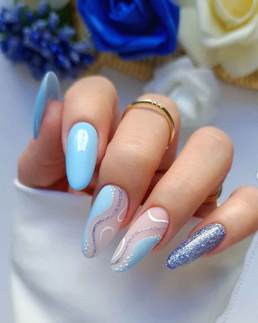 Abstract Light Blue Swirls With Glitter — Winter Blue Nails