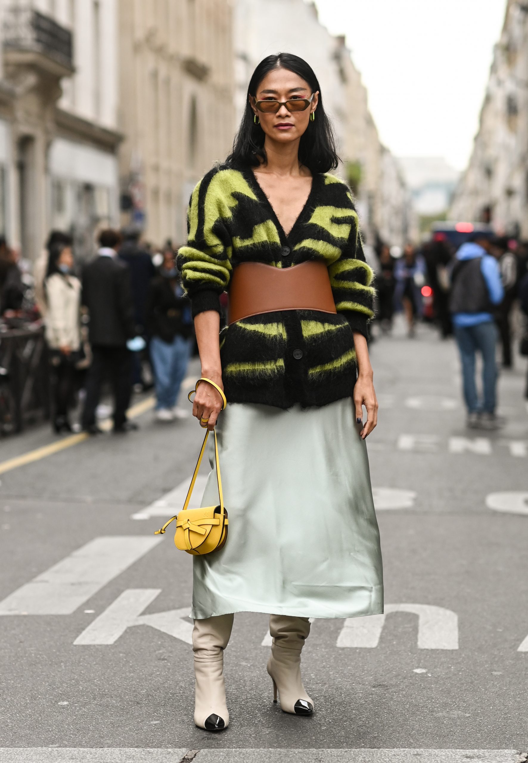 Belted Oversized Cardigan with Satin Skirt and Boots — Oversized Sweater Outfits