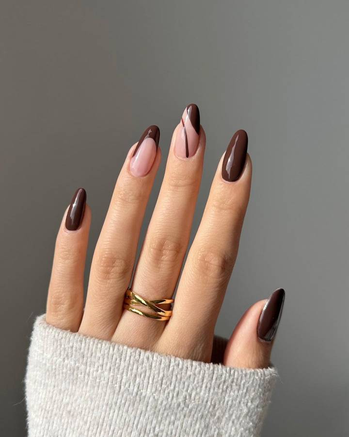 Deep Brown With Nude Pink Abstract Swirls — Chocolate Brown Nails